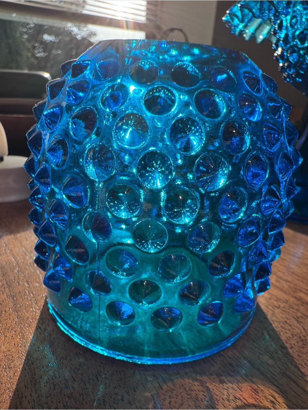 VINTAGE Antique Fenton Colonial Blue Hobnail 3 Piece Pedestal Fairy Lamp - Picture 8 of 12